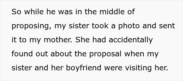 Text excerpt about a proposal causing a bride to cut mom off from key wedding plans after a family update. Text excerpt about a proposal causing a bride to cut mom off from key wedding plans after a family update.