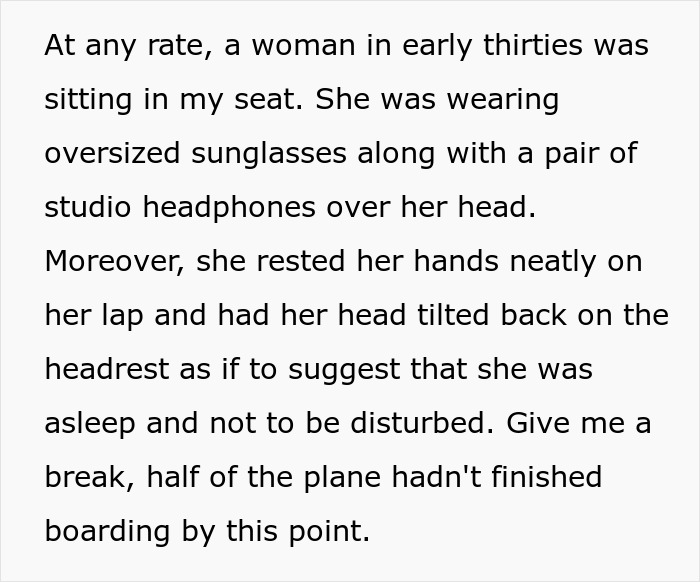 Woman pretending to be asleep in passenger’s aisle seat, wearing oversized sunglasses and headphones, refusing to move. Woman pretending to be asleep in passenger’s aisle seat, wearing oversized sunglasses and headphones, refusing to move.