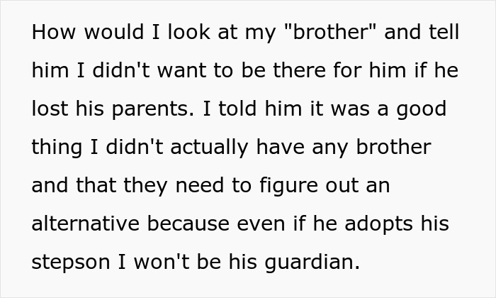 Text excerpt about rejecting role as future caregiver for autistic stepbrother, expressing refusal to be guardian.
