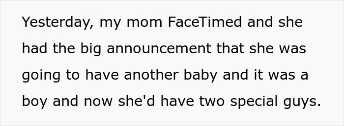 Text message about a pregnant lady announcing a new baby boy, highlighting family dynamics and feelings of neglect.