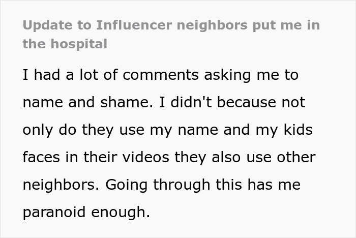 Text excerpt about influencer neighbors putting woman in hospital discussing privacy concerns and emotional impact. Text excerpt about influencer neighbors putting woman in hospital discussing privacy concerns and emotional impact.