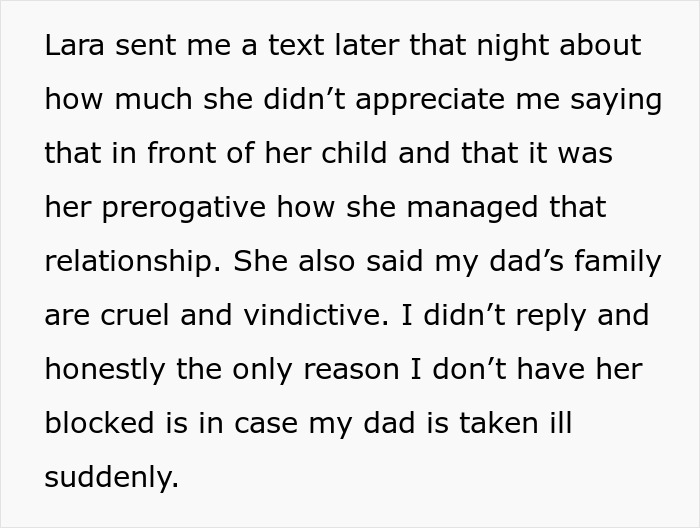 Text message discussing family conflict about dad&rsquo;s affair baby and reasons grandparents avoid seeing her.