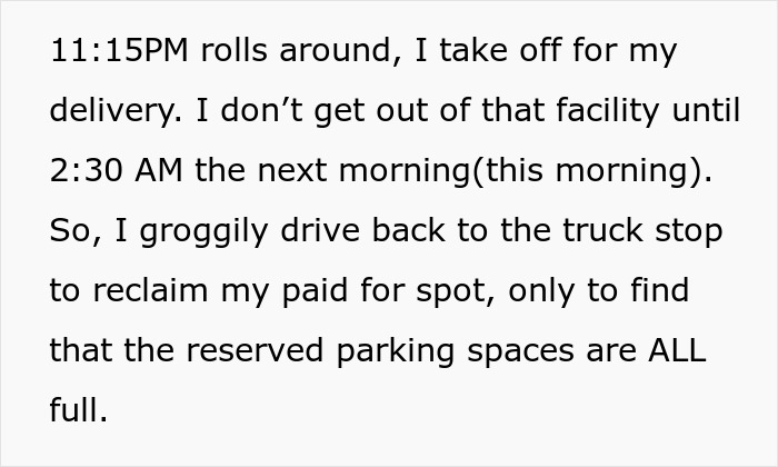 Text excerpt about illegal parking and issues at truck stop with reserved parking spaces all full.