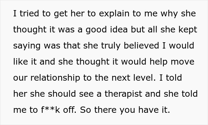 Text about girlfriend got massive tattoo causing relationship tension, with a mention of therapy and emotional conflict.