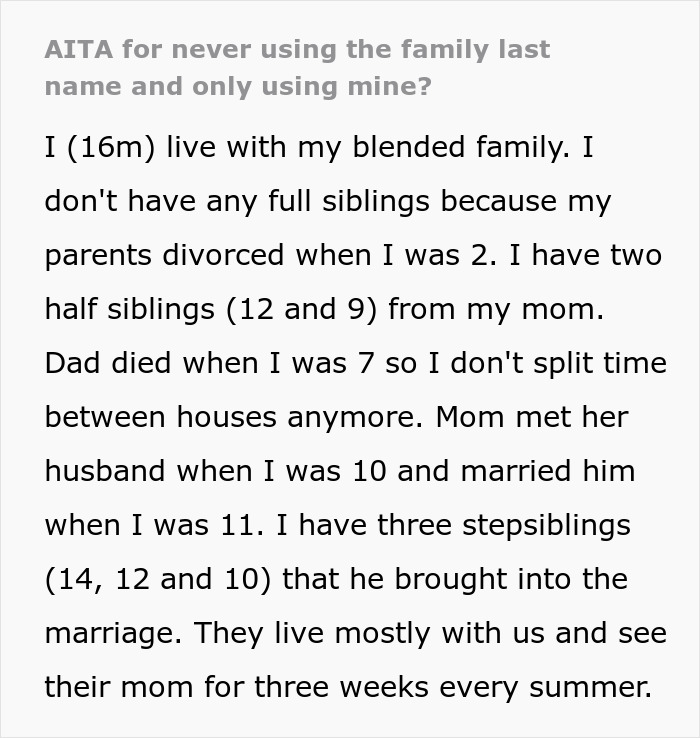 Text excerpt from a teen explaining family dynamics and wanting to keep late father last name despite mother upset.