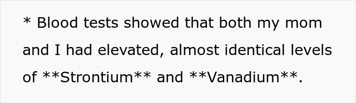 Text describing blood test results showing elevated levels of Strontium and Vanadium in a man and his mom.