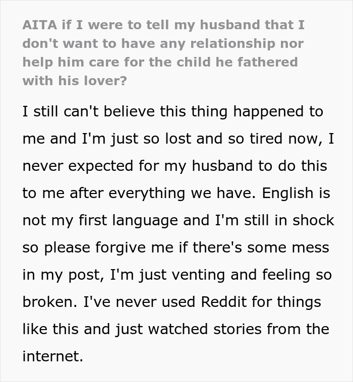 A personal Reddit post expressing shock and pain after discovering a husband's secret affair and hidden child. A personal Reddit post expressing shock and pain after discovering a husband's secret affair and hidden child.