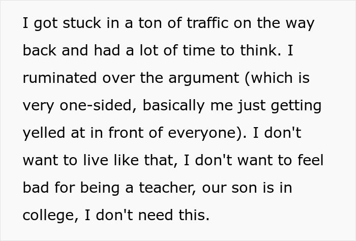 Text showing a husband reflecting on being humiliated and resentful after a trip he did not want to take.