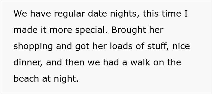 Text excerpt from a man’s dream proposal describing a special date night with shopping, dinner, and a beach walk. Text excerpt from a man’s dream proposal describing a special date night with shopping, dinner, and a beach walk.