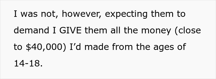 Alt text: Text showing woman refusing to hand over her entire savings after parents claim it&rsquo;s rightfully theirs.