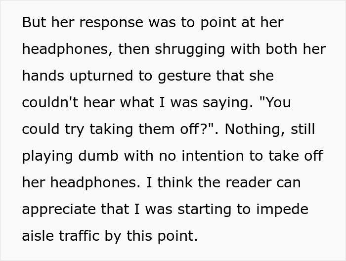 Woman pretending to be asleep in passenger's aisle seat, refusing to budge and blocking aisle traffic on plane. Woman pretending to be asleep in passenger's aisle seat, refusing to budge and blocking aisle traffic on plane.