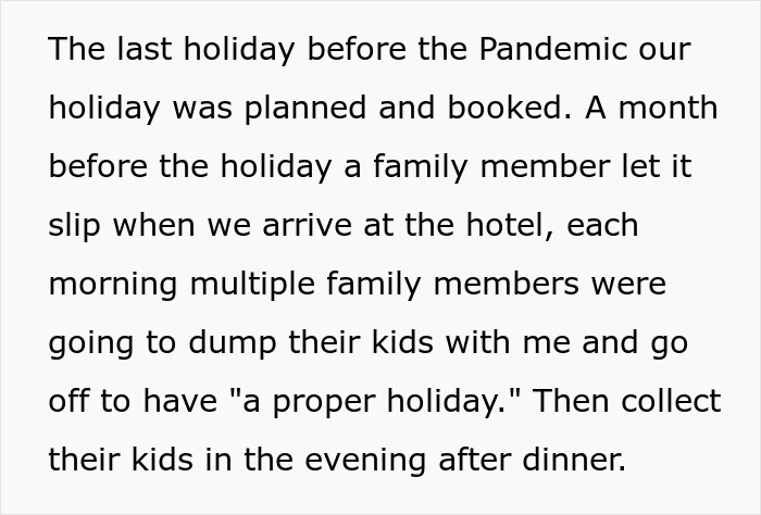 Childfree woman escaping family demands to babysit during vacation, maintaining personal freedom on holiday.