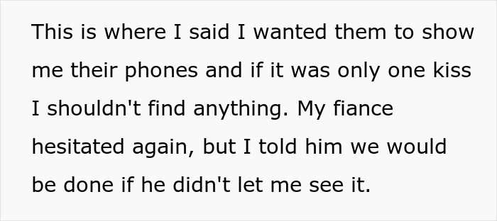 Text excerpt showing a bride confronting her fianc&eacute; and demanding to see their phones amid trust issues before their wedding.