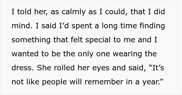 Text showing a woman calmly confronting her brother&rsquo;s fianc&eacute;e for copying her wedding dress, emphasizing uniqueness.