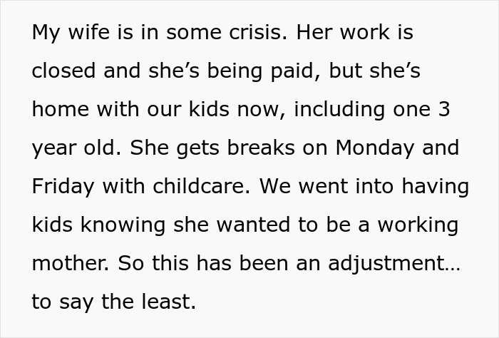 Text excerpt describing a man telling his wife she couldn&rsquo;t do it without him while she manages childcare and work adjustments.