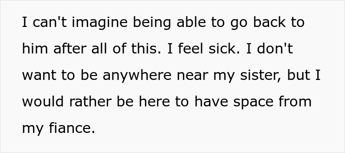 Text excerpt showing emotional distress of bride after discovering her twin sister&rsquo;s and fianc&eacute;&rsquo;s secret betrayal.