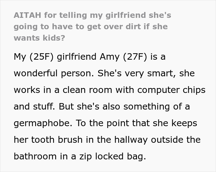 Text excerpt discussing a germaphobic girlfriend who struggles with dirt and cleanliness in their relationship fight.