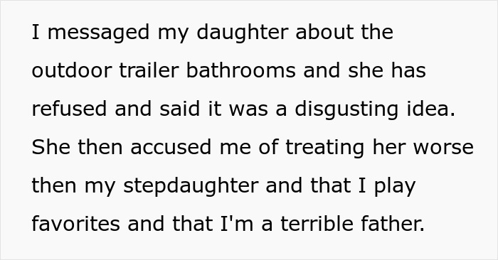 Text about father refusing daughter's outdoor wedding in yard, causing relationship conflict and accusations of favoritism.