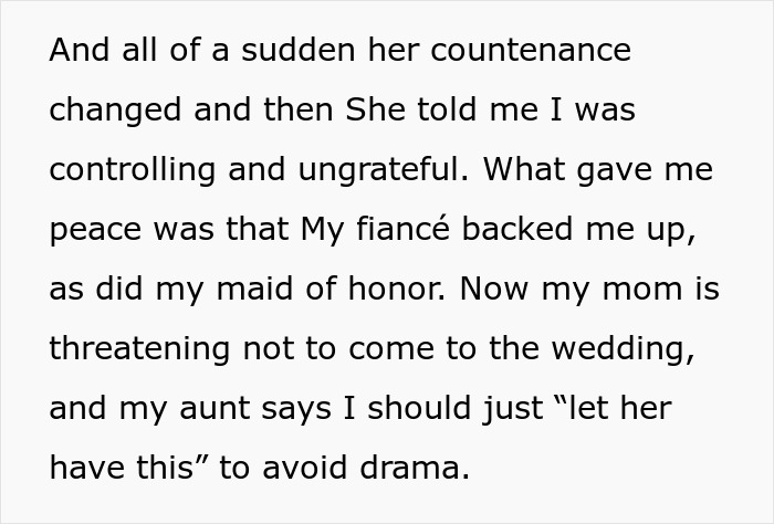 Bride's mom threatens to skip the wedding if the bride refuses to let her wear a white gown to the event.