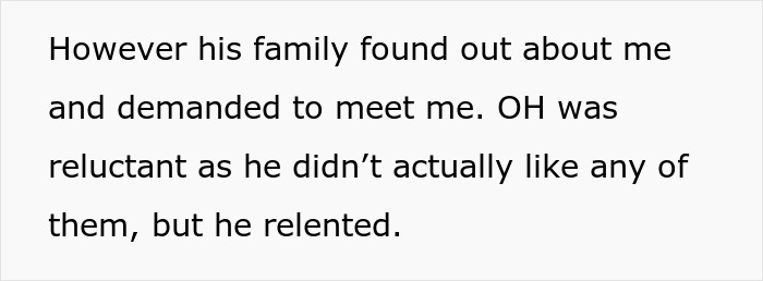 Text excerpt showing a woman explaining how her partner&rsquo;s family discovered her and demanded to meet despite his reluctance, related to mil-try-poison-woman.