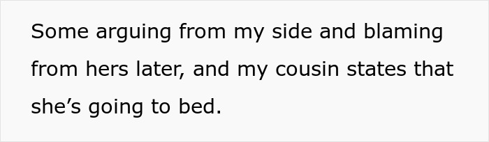 Text excerpt showing a woman expecting cousin to babysit instead of attending school, leading to conflict.