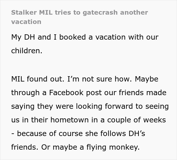 Stalker MIL tries to gatecrash couple&rsquo;s vacation but they outsmart her with a clever secret plan.