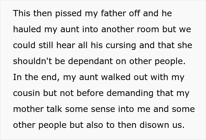 Text excerpt showing a family dispute where an aunt demands her nephew fund her son's education after he gets a job.