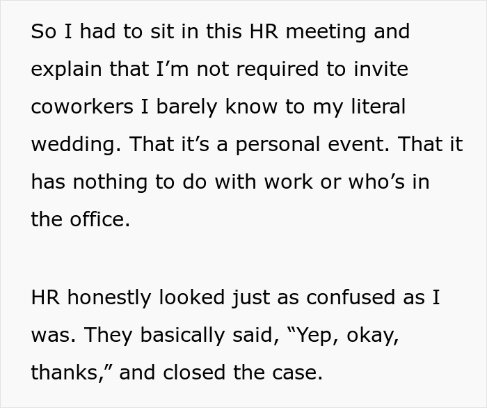 Text excerpt about an employee explaining to HR that inviting coworkers to a wedding is not required.