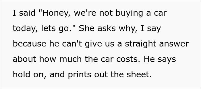 Couple at car dealership, husband dragging wife away before she can show him the car she wants to buy.