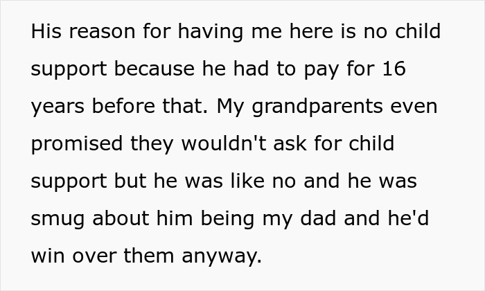 Text conversation showing a teen explaining why their dad demanded babysitting instead of child support, then walked out.