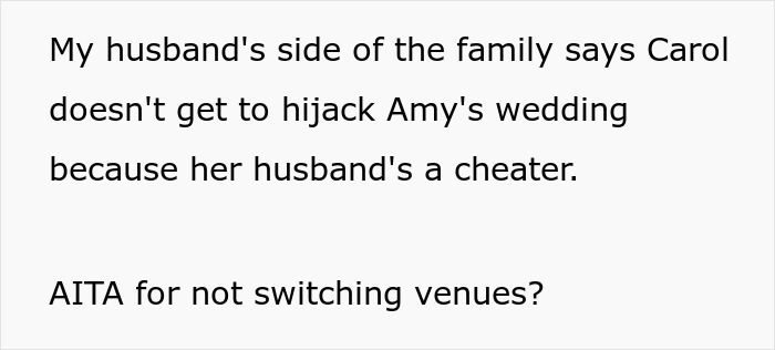 Text on white background about family conflict over wedding venue and sister&rsquo;s cheating ex in a social media post.