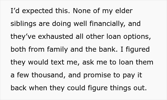 Text excerpt showing a woman refusing to hand over her savings after parents claim it&rsquo;s rightfully theirs.