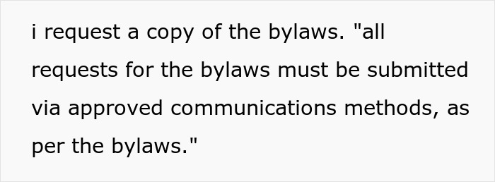 Text excerpt showing a formal request for HOA bylaws emphasizing approved communication methods according to the bylaws.
