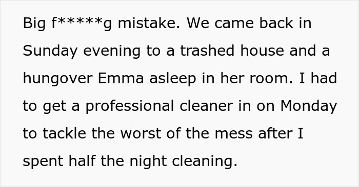 Text excerpt describing a woman dealing with cleaning up after parties as a temporary houseguest and missing payments. Text excerpt describing a woman dealing with cleaning up after parties as a temporary houseguest and missing payments.