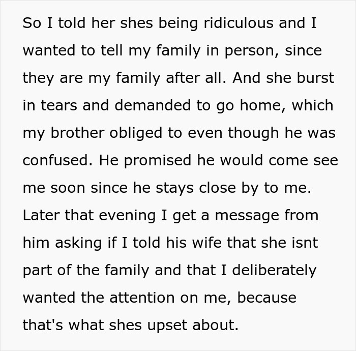 Text showing a family conflict where a woman seeks support after devastating news but faces drama from her sister-in-law.