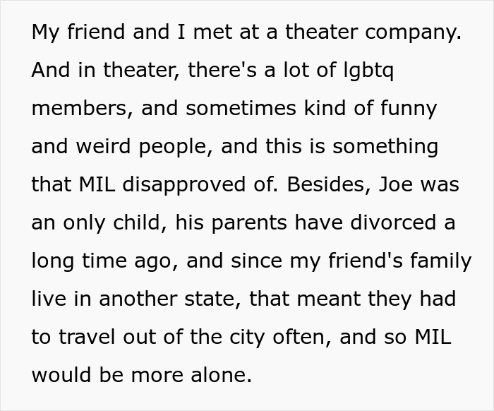 Text excerpt discussing MIL's disapproval of LGBTQ theater community, leading to conflict resolved by drag queens at wedding.
