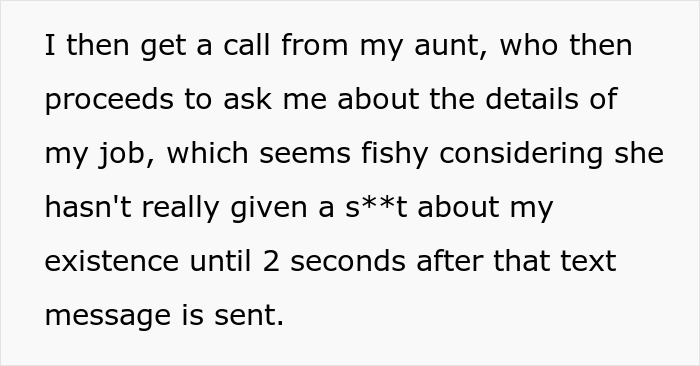 Text message excerpt showing aunt ignoring nephew until he gets a job, then asking about his salary to fund her son&rsquo;s education.