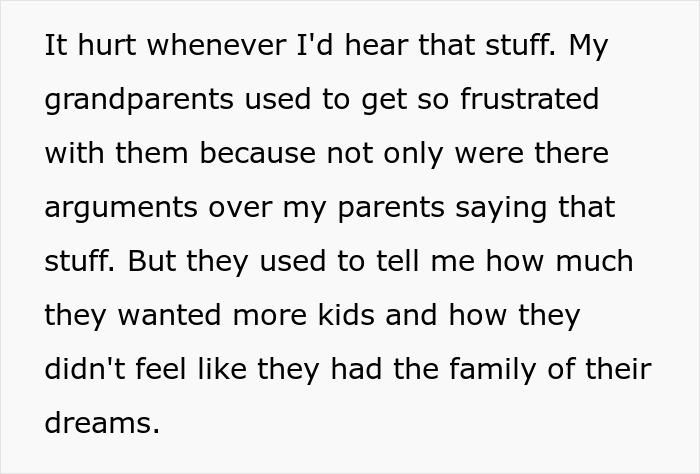 Text excerpt showing frustration of grandparents about parents obsessed with having kids and the impact on their older son babysitting siblings.