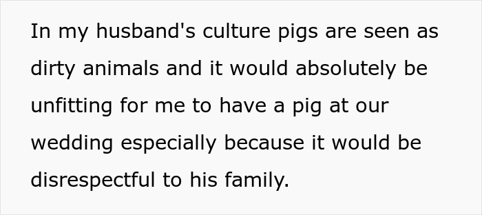 Alt text: Text discussing cultural views on pigs and the inappropriateness of having a pet pig at a wedding.