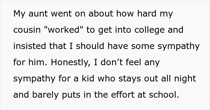 Text screenshot showing a message about an aunt insisting her nephew's salary should fund her son's education.