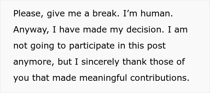 Text excerpt from a post showing someone deciding to stop participating after meaningful contributions, couple's therapist theme.