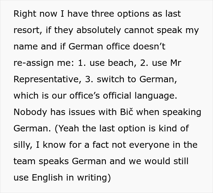 Text excerpt discussing refusal to change surname for American coworkers and language challenges in international office. - 12