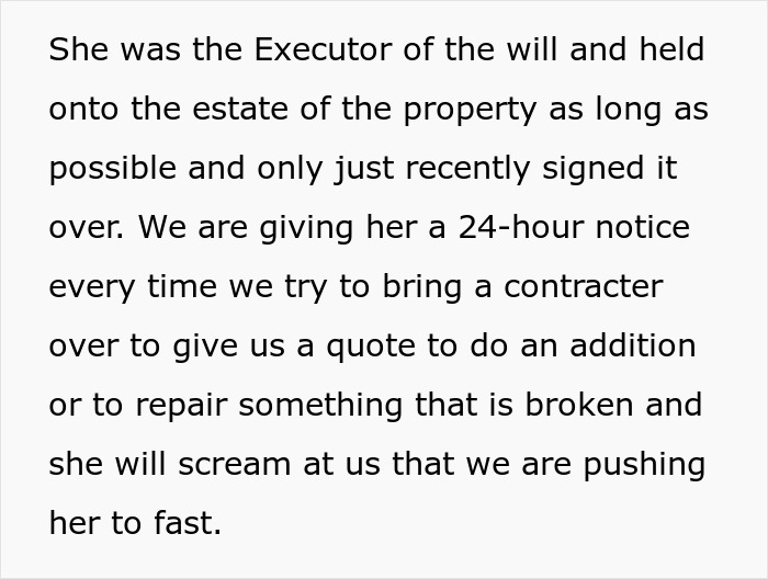 Text excerpt about executor and hoarder MIL causing issues in couple&rsquo;s inherited home, leading to legal eviction plans.