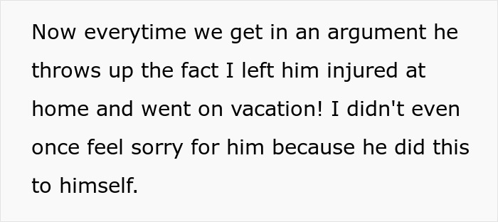 Text excerpt discussing a boyfriend throwing tantrums after his girlfriend leaves on vacation despite his injury.