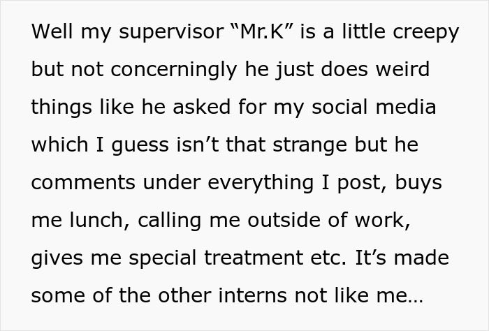 Text describing an intern&rsquo;s experience with a creepy supervisor and special treatment leading to workplace tension.