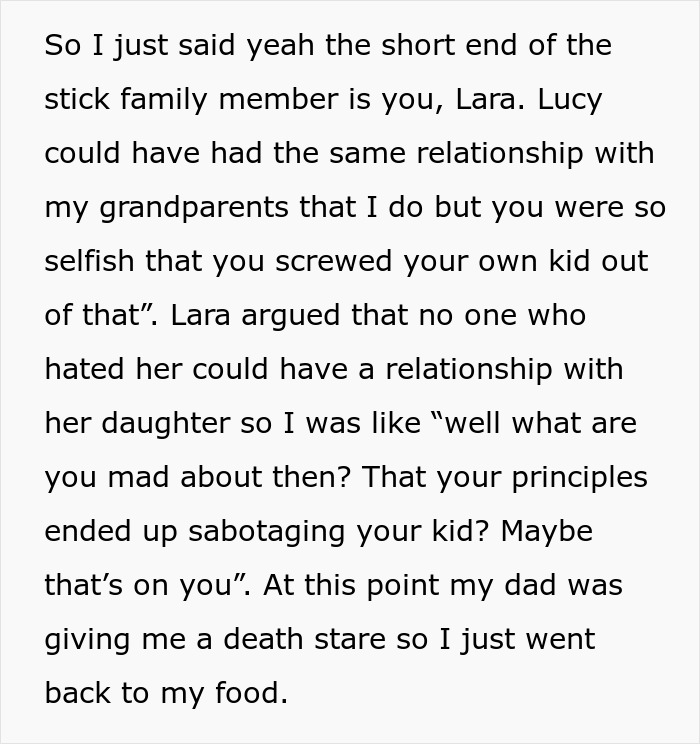 Text excerpt from woman telling her dad&rsquo;s affair baby about the real reason grandparents don&rsquo;t see her.