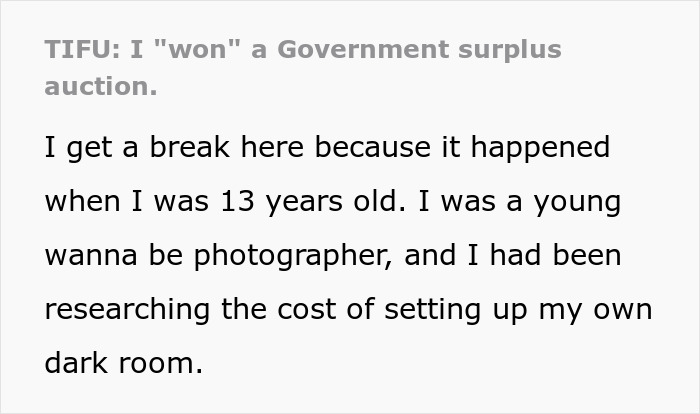 Teens at a surplus auction discover a portable darkroom but find a large army trailer instead.