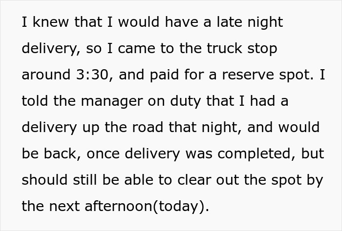 Text excerpt about reserving a truck stop spot for a late-night delivery with plans to clear it by next afternoon.