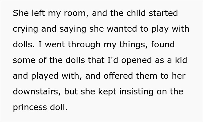 Woman catches guest sneaking into her room, stops her before child opens her collector doll, protecting prized collection. - 13