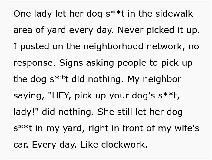 Text screenshot showing a story about a man&rsquo;s petty revenge on an entitled dog owner who never picked up after her dog.